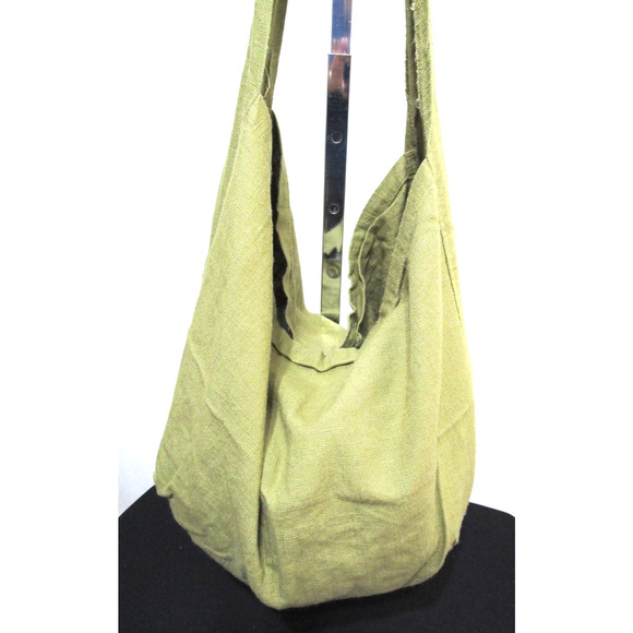 Large Plain Olive Green Linen Crossbody Hobo Bag - Picture 2 of 11